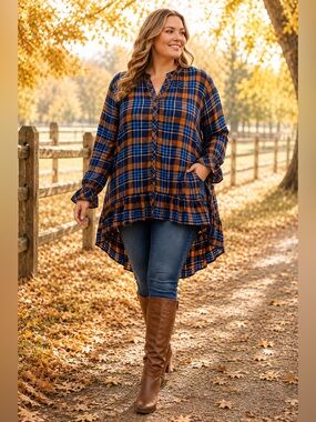 🍁 Matilda Jane Plaid Hi-Low Tunic Top NWT XL Rayon Boho Fall Ruffle Hem